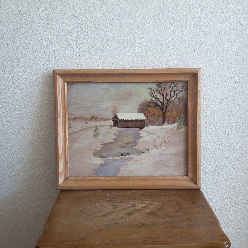#Orirginal Painting Winter Early Spring Landscape Scenery Framed Circ 1944